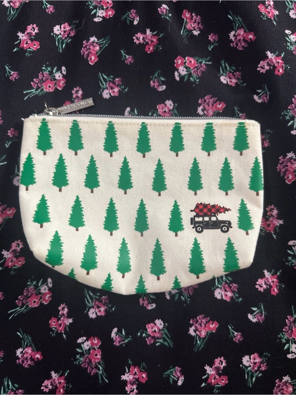 Bath & Body Works Cream Pouch with Green Tree Print and Black Car